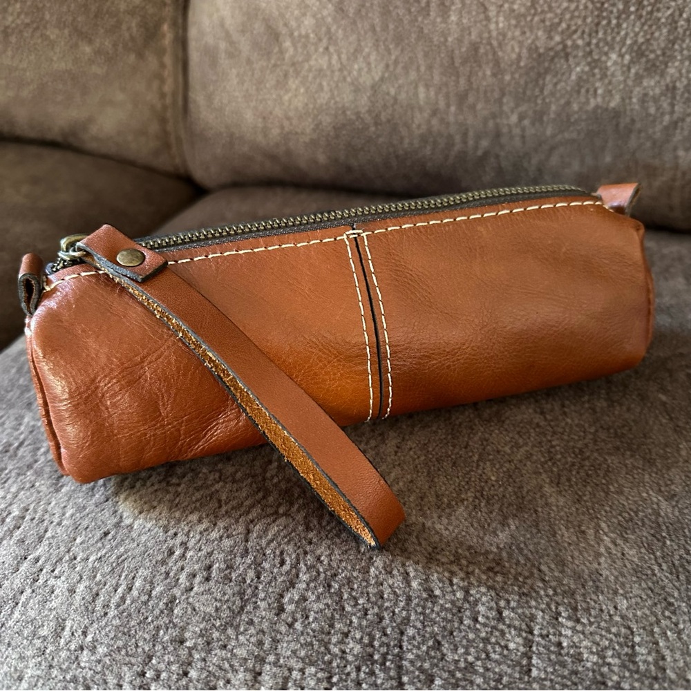 Patricia Nash Brown Leather Cosmetic Pencil Case Pouch w/ Leather Zip Pull